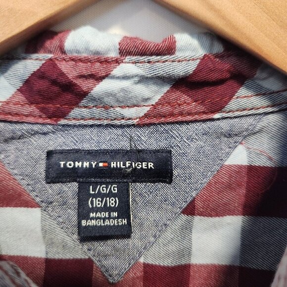 Tommy Hilfiger Button Down Shirt Youth Boys LG Long Sleeve‎ Maroon/Blue Plaid - Picture 4 of 6